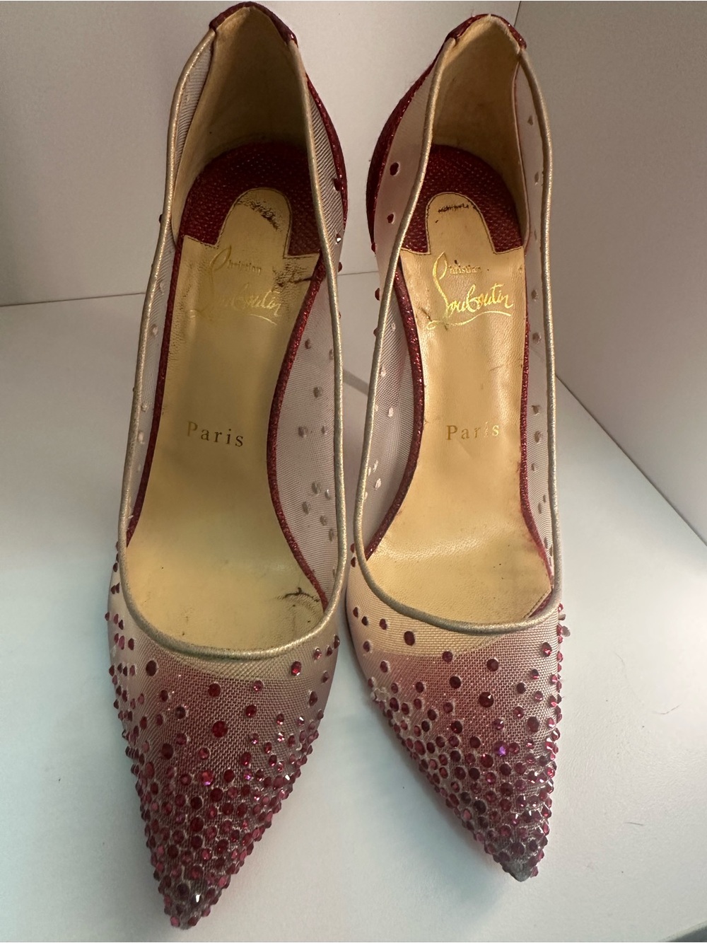 Christian Louboutin Pink Rhinestone Mesh Pointed-Toe Stilettos 37.5